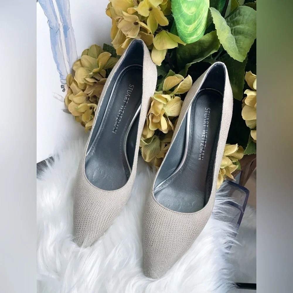 Stuart Weitzman Casual Beige Textured Block Heel Pumps Pointed Toe Women's Shoes